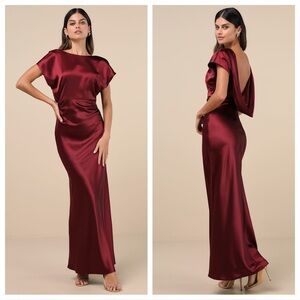 Lulus Captivating Presence Wine Red Satin Cowl Back Maxi Dress